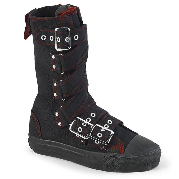 Demonia Deviant-207 Black Canvas/Red Schuhe Damen D236-859 Gothic Hohe Sneakers Schwarz Deutschland SALE